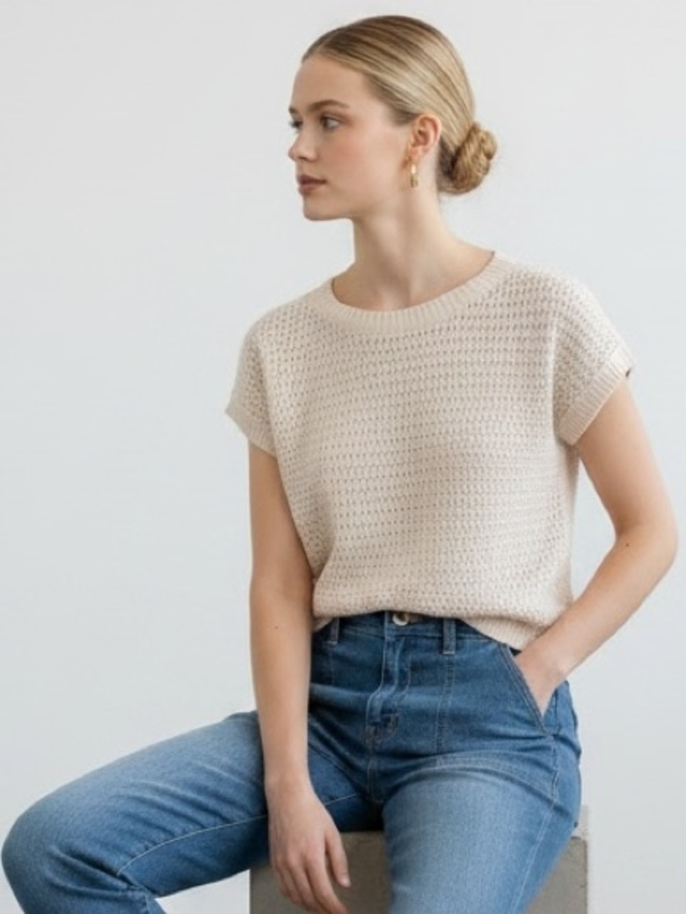 Crewneck Short Sleeve Knit Top in Cream - Picture 2 of 8